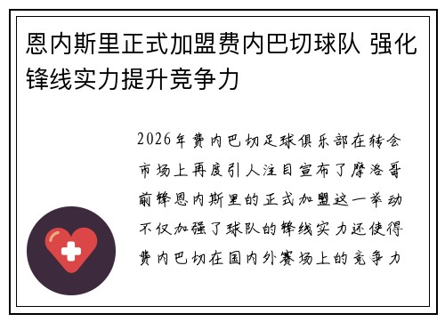 恩内斯里正式加盟费内巴切球队 强化锋线实力提升竞争力
