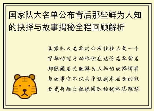 国家队大名单公布背后那些鲜为人知的抉择与故事揭秘全程回顾解析