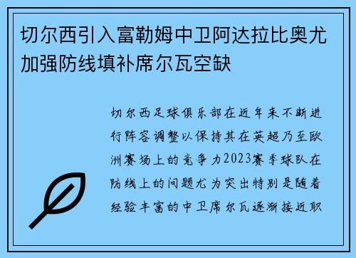 切尔西引入富勒姆中卫阿达拉比奥尤加强防线填补席尔瓦空缺 切尔西引入富勒姆中卫阿达拉比奥尤加强防线填补席尔瓦空缺
